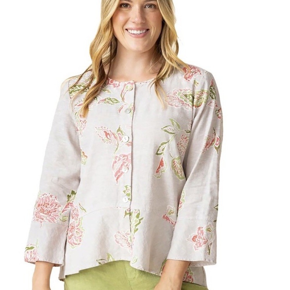 Habitat XL Linen Cotton Oatmeal Pink Green Floral Shell Button Shirt Ali Jacket